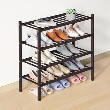 Imagem de Smiry Sapateira de bambu para armário, organizador de sapatos empilhável de madeira de 4 níveis, prateleira de armazenamento de sapatos de pé livre para entrada, entrada da porta da frente, marrom