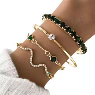 Imagem de Conjunto 4 Pulseiras Femininas Dourada Bracelete Joias Verde Esmeralda