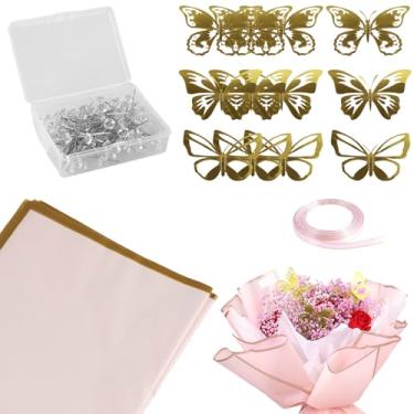 Imagem de FALESOUL 20 folhas de papel de embrulho de flores, buquê floral impermeável, com fita, decoração de borboleta dourada 3D, 100 pinos de pérola para casamento, faça você mesmo, festa, dia das mães