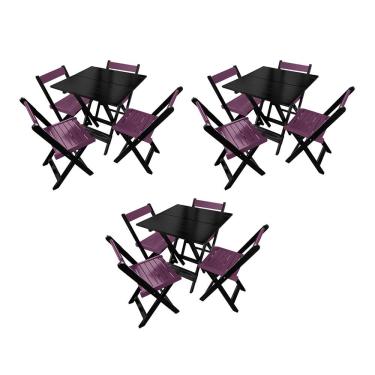 Imagem de Kit 3 Mesas De Madeira Dobrável Preto 70x70 Com 4 Cadeiras Dobráveis Roxo