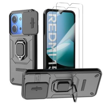 Imagem de WRTBS Capa de celular para Xiaomi Redmi 15C 4G com protetor de tela de vidro [2 unidades], capa de proteção para câmera deslizante embutida, capa protetora de corpo inteiro militar resistente - preta