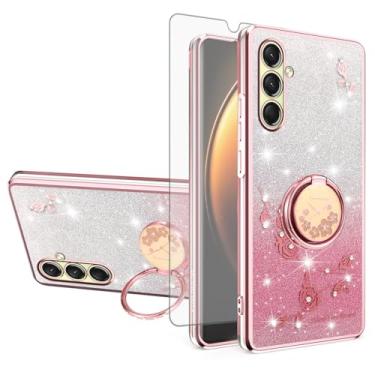 Imagem de Asuwish Capa de telefone para Samsung Galaxy A16 5G/4G com protetor de tela de vidro temperado suporte de anel com glitter transparente híbrido à prova de choque TPU capa protetora A 16 16A SM-A166U