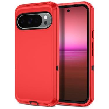 Imagem de I-HONVA Capa para Google Pixel 9 Pro XL à prova de choque à prova de poeira/queda, 3 camadas, proteção total [sem protetor de tela] Capa resistente para Google Pixel 9 Pro XL, vermelho/preto
