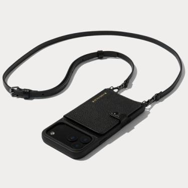 Imagem de Bandolier Capa de telefone carteira transversal Emma para iPhone 17 Pro. 100% couro de seixo genuíno. Alça transversal ajustável e removível. Suporte para cartão com fecho de pressão. Preto com