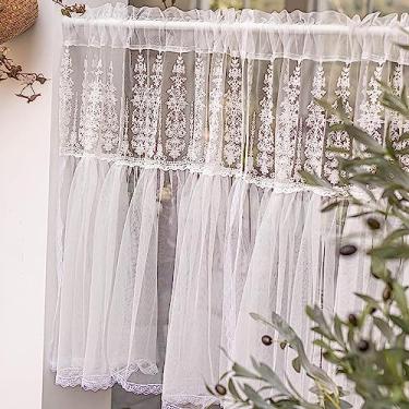 Imagem de Cortina curta de cozinha cortinas semi-transparentes, tecido de tule de renda, leve e respirável, cortina para janelas, varanda, toucador, quarto, cortinas transparentes de renda W150 x L