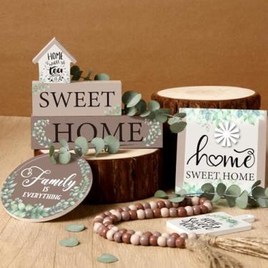 Imagem de Yousoontic 7 peças de decoração de mesa de madeira para casa, bandeja em camadas, decoração rústica, placas de bloco de madeira, centro de mesa, guirlanda de contas para cozinha, mesa, inauguração de