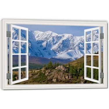 Imagem de Tela de janela falsa de montanhas cobertas de neve à frente com economia de espaço, arte de parede cênica realista para quarto, casa, 69,8 x 104,9 cm emoldurada