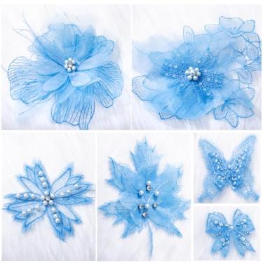 Imagem de FixrWre 6 peças 3D flor renda bordado apliques pérola patch DIY vestido de casamento costura artesanato roupas jeans jaquetas bolsas (azul)