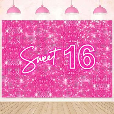 Imagem de InMemory Glitter Pink Neon Sweet 16 Birthday Backdrop Shinning Sequins Shimmer Wall Princess Girls Theme 16th Birthday Party Decorações Banner Background 1,8 x 1,2 m
