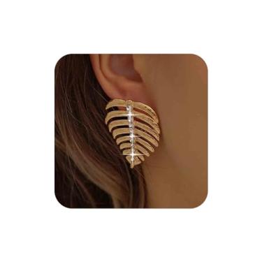 Imagem de Aneneiceera Brincos Boho de folha de cristal grande, filigrana, folha de monstera, brincos de folha de strass de ouro, brincos botânicos de palmeira, joias para mulheres, Zinco, nah