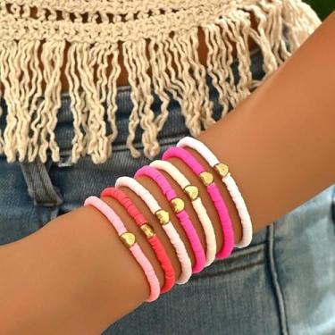 Imagem de 7 peças de pulseiras elásticas com contas mistas rosa boho para mulheres, disco de vinil, heishi, surfista, empilhável, pulseira elástica de verão, praia, joias modernas, presente