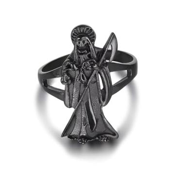 Imagem de Confede Anel de foice de caveira, anel de aço inoxidável Grim Reaper anel punk motociclista joia de caveira vintage para homens e mulheres, Metal, Sem pedra preciosa