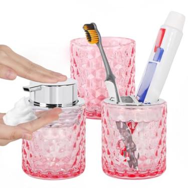 Imagem de Fvstar Conjunto De Acessórios Para Banheiro Vidro Rosa, Porta-Escovas Dentes, Dispensador Sabonete E Copos, 3 Copos Espuma Escova, Pasta Dente