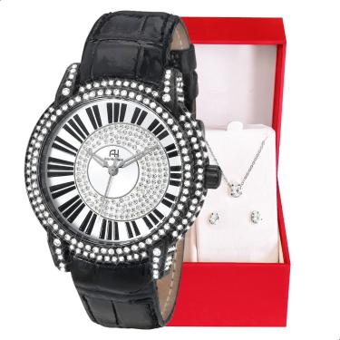 Imagem de Relógio Champion Ana Hickmann Couro Preto Cristais AH28151T Colar e Brincos