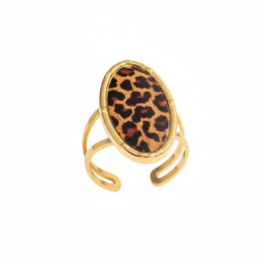 Imagem de Izpack Anel aberto oval com estampa de leopardo para mulheres - Aço inoxidável banhado a ouro 18 K, geométrico, ajustável, anel de compromisso, ajuste confortável, faixa de dedo em camadas, joia Boho