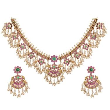 Imagem de TARINIKA Conjunto de colar de pérolas clássicas de latão banhado a ouro Guttapusalu para mulheres com brincos, conjunto de joias indianas Bollywood, pedras CZ (branco, vermelho, verde) | 1 ano de