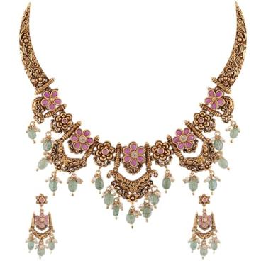 Imagem de TARINIKA Pushpika Conjunto de colar banhado a ouro antigo para mulheres – Pedra floral CZ e pérola indiana joia tradicional com corrente ajustável e brincos Jhumka – Perfeito para ocasiões festivas