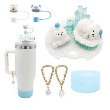 Imagem de Decoração de tampa de copo para Stanley 1,134 g, incluindo bota de silicone, tampa de cobertura de canudo de silicone, pingentes de tampa, corrente de copo - acessórios de decoração de ursinho branco