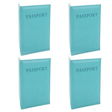 Imagem de Conjunto de porta-passaporte de couro PU para viajantes elegantes, com função de armazenamento para homens e mulheres, presente, 4 peças (azul claro)