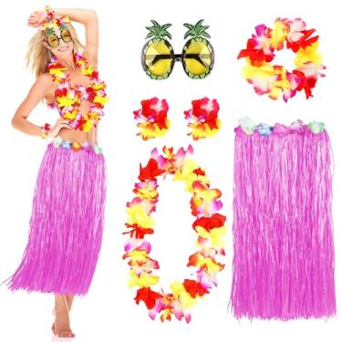 Imagem de MIVOEDIK Saia de grama para adultos, mulheres, saia de hula Grils para roupas havaianas de festa Luau com flores Leis e óculos de sol, rosa, G