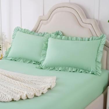 Imagem de Homiest Conjunto de 2 peças de fronhas e lençol com elástico, verde sálvia com fronhas com babados, bolso profundo de 38 cm, jogo de cama de microfibra fofo e coquete para decoração de quarto de hotel