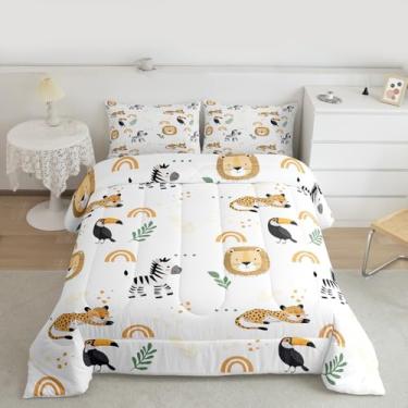 Imagem de jejeloiu Conjunto de cama de animais da selva, macio, para meninos e meninas, leão, tamanho solteiro, leopardo, microfibra, zebra, decoração de quarto, arco-íris, folhas verdes, 2 peças com 1 fronha
