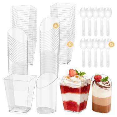 Imagem de 120 peças de mini copos de sobremesa com colheres incluem copos quadrados de plástico de 142 g para aperitivos de 85 g, copo redondo inclinado de parfait, tigelas de sobremesa pequenas transparentes