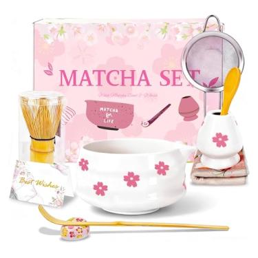 Imagem de Cinsenten Conjunto de 8 peças de cerâmica com tigela de batedor, suporte de kit de chá matcha, colher de bambu, peneira, toalha incluída, presente de aniversário e Natal para fazer lattes Matcha