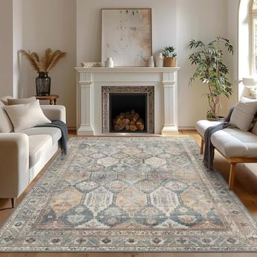 Imagem de Bavni Tapete de área 20 x 25 cm lavável à máquina vintage envelhecido estampado ultrafino chenille quarto sala de estar, pilha baixa leve, antiderrapante com aderência, tijolo retrô