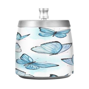 Imagem de Qilmy Cinzeiro de aço inoxidável borboleta azul aquarela com tampa - Cinzeiro de cigarro à prova de vento sem cheiro sem fumaça para casa, escritório, carro, pátio, varanda (uso interno e externo)