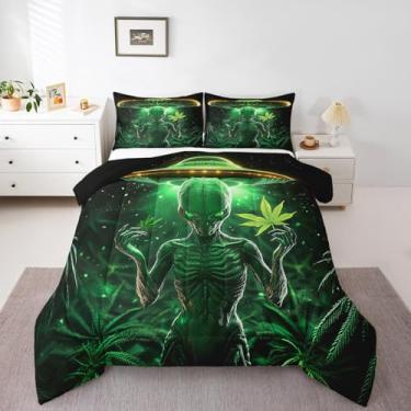 Imagem de Erosebridal Conjunto de edredom Queen com estampa de alienígena psicodélico, psicodélico, macio, para sofá, nave espacial abstrata, para crianças, meninos, adolescentes, conjunto de colcha botânica de