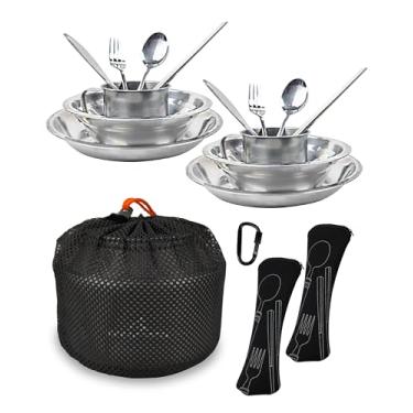 Imagem de Kit de bagunça para 2 pessoas – Conjunto de utensílios e cozinha de acampamento, conjunto de pratos de piquenique, louça de aço inoxidável com prato, tigela, copo para mochila