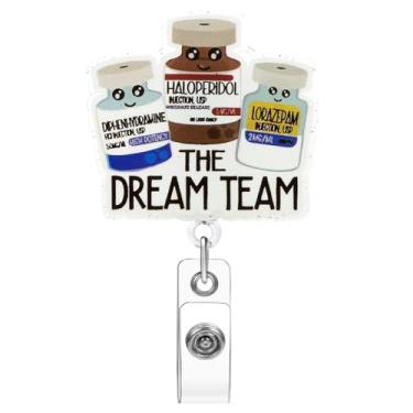 Imagem de Soleebee Carretel de crachá fofo The Dream Team, suporte de crachá de trabalho engraçado com clipe retrátil, clipe de crachá de identificação com clipe jacaré giratório de 360° para estudantes LPN CNA