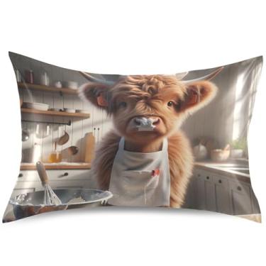 Imagem de Capa de almofada de cetim engraçada Highland Cow Chef, capa de travesseiro de resfriamento padrão Queen King Size impressão artística macia, tamanho Queen, 76,2 cm x 50,8 cm