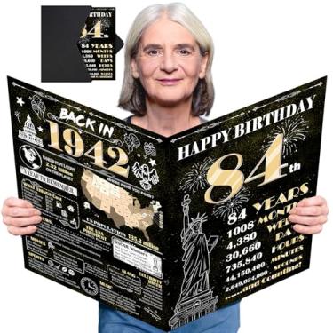 Imagem de Cartão de aniversário grande de 84 anos para homens e mulheres com envelope, decrotações de feliz aniversário de 84 anos em ouro preto, livro de assinatura de convidado gigante, Back in 1942, grande