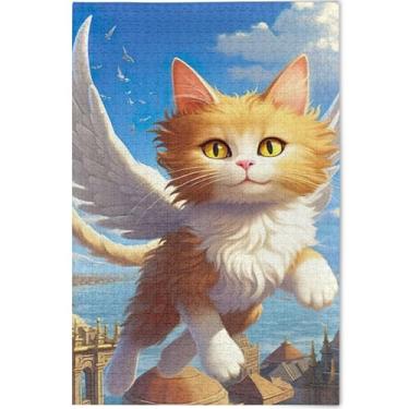 Imagem de Quebra-cabeça de gato personalizado asas de anjo adulto 1000 peças arte colorida animal quebra-cabeça cena outono amigos família jogos presentes, 75 cm x 50 cm