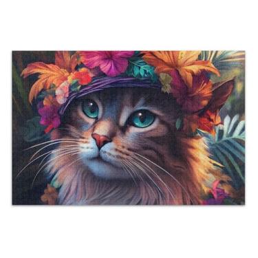 Imagem de Quebra-cabeças para adultos, 1000 peças, boho, gato, floral, girassol, família, presentes de elefante branco, quebra-cabeça divertido para a família, arte de decoração de casa, 75 x 40 cm