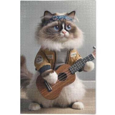 Imagem de Quebra-cabeça de gato personalizado Ragdoll Ukulele engraçado gatinho para adultos 1000 peças engraçadas animais arte colorida quebra-cabeças difíceis presentes engraçados tecnologia de jogo, 75 cm x