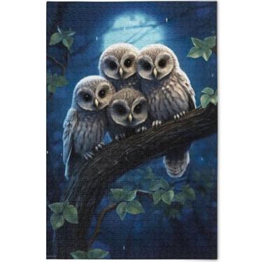 Imagem de Quebra-cabeça de três corujas fofas empoleiradas em uma hera 500 peças adultos paisagem arte divertida quebra-cabeça personalizado amigos família jogos presentes, 52 cm x 37,8 cm