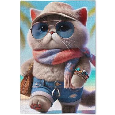 Imagem de Quebra-cabeça de gato fofo personalizado gatinho engraçado 500 peças para adultos cenário animal arte decoração cena natureza quebra-cabeça jogo engraçado, 52 cm x 37,8 cm