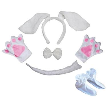 Imagem de Petitebella Tiara de cachorro com laço e luvas infantis 5 peças fantasia (tamanho único, cachorro branco)