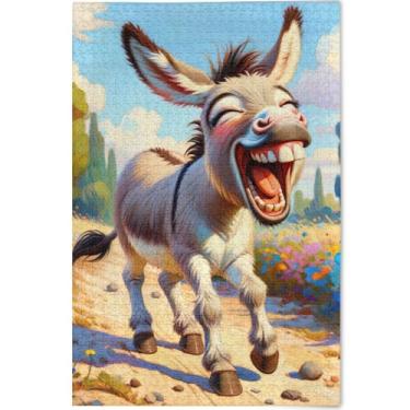 Imagem de Quebra-cabeça de animal sorridente de burro fofo personalizado 1000 peças arte adulto impressão animal cena de inverno quebra-cabeças presentes para amantes de quebra-cabeça, 75 x 50 cm