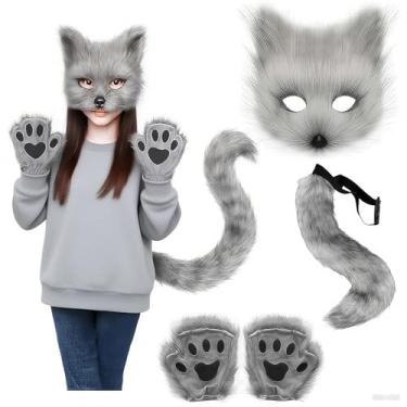 Imagem de Zosebffej Fox Mask Wolf Fox Tail Cat Cosplay Set: Furry Mask + Paw Gloves + Tail, Ideal for Halloween & Themed Parties (gray)