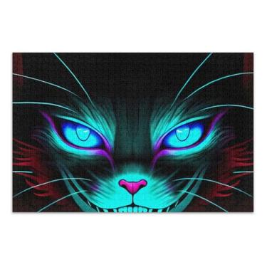 Imagem de Quebra-cabeça 1000 peças gato adulto preto azul olhos brilhantes pintura floral quebra-cabeça difícil amigos família jogos presentes, 75 x 40 centímetros