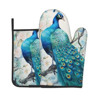 Imagem de Conjunto de 2 peças de luvas de forno com estampa de habitat de pavão azul, adequado para cozinhar, assar e grelhar ao ar livre