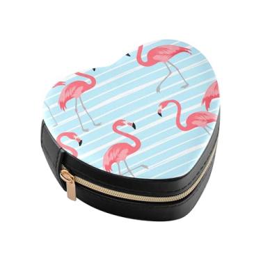 Imagem de Burbuja Mini caixa de joias em forma de coração com listras azuis flamingo para mulheres e meninas, estojo portátil organizador de armazenamento para brincos, anéis, colares e pulseiras