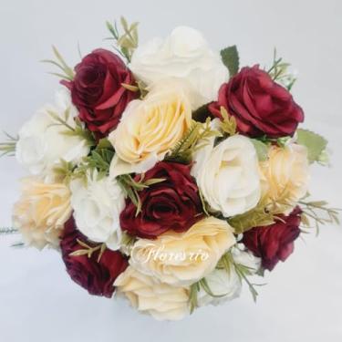 Imagem de Buquê de Noiva Artificial com Flores Coloridas para Casamento Civil ou Religioso(Branco/Creme/Vermelho)