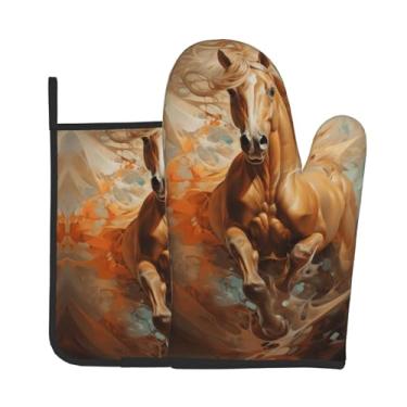 Imagem de Conjunto de luvas de forno com estampa de cavalos correndo na água, conjunto de 2 peças, adequado para cozinhar, assar e grelhar ao ar livre