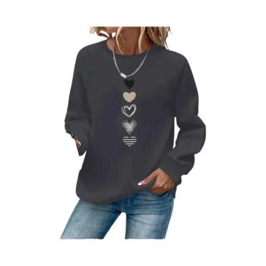 Imagem de Moletom Feminino Casual Com Estampa De Coração, Manga Longa, Gola Redo
