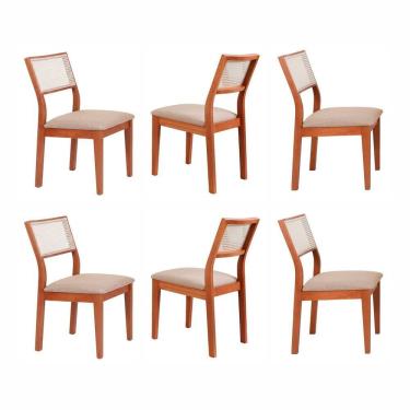 Imagem de Kit 6 Cadeiras Madeira Maciça com Estofado e Fibra Natural Rattan Maya Espresso Móveis Cinamomo/Bege